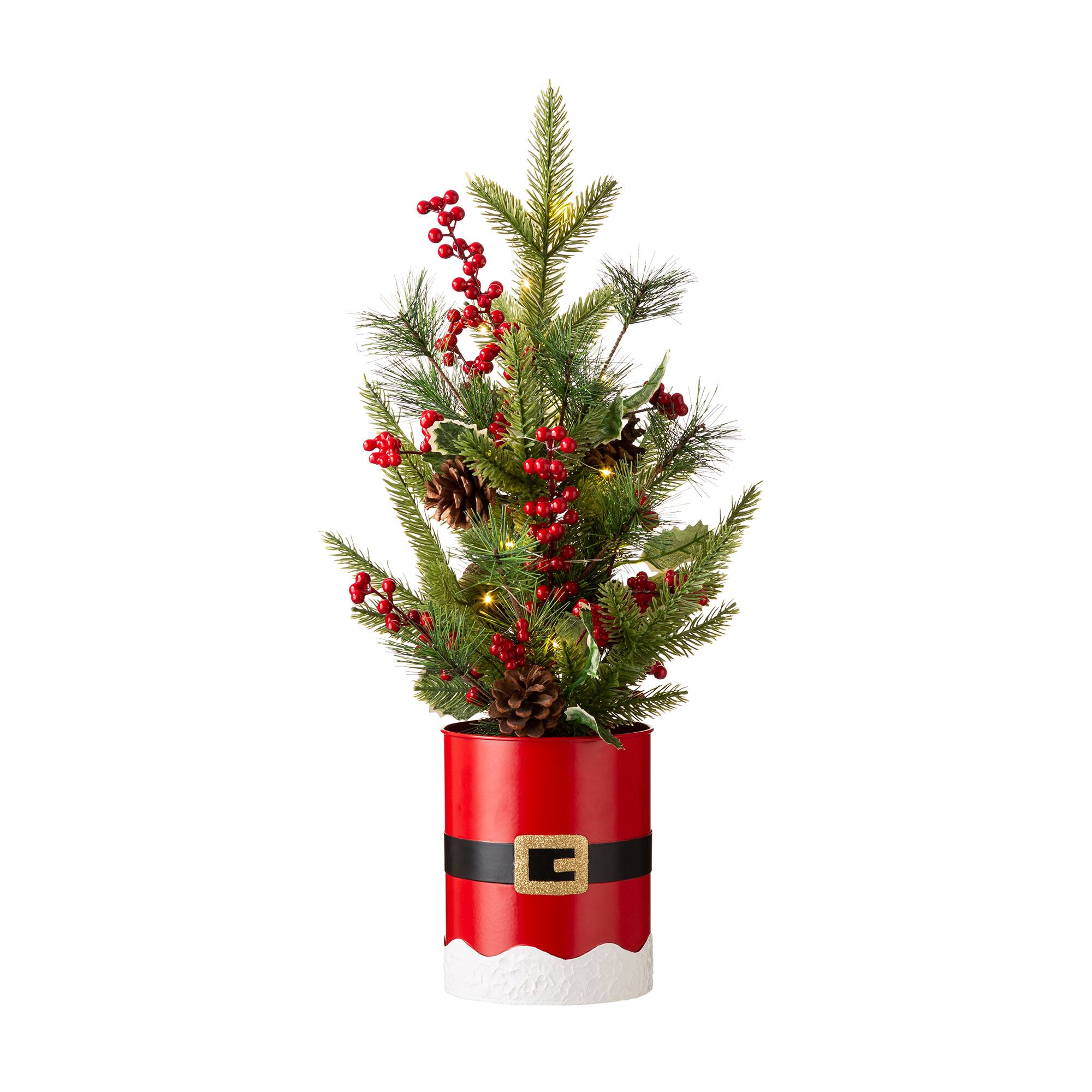 22" Pre-Lit Artificial Christmas Tree in Santa Belt Pot, Warm White LED Lights
